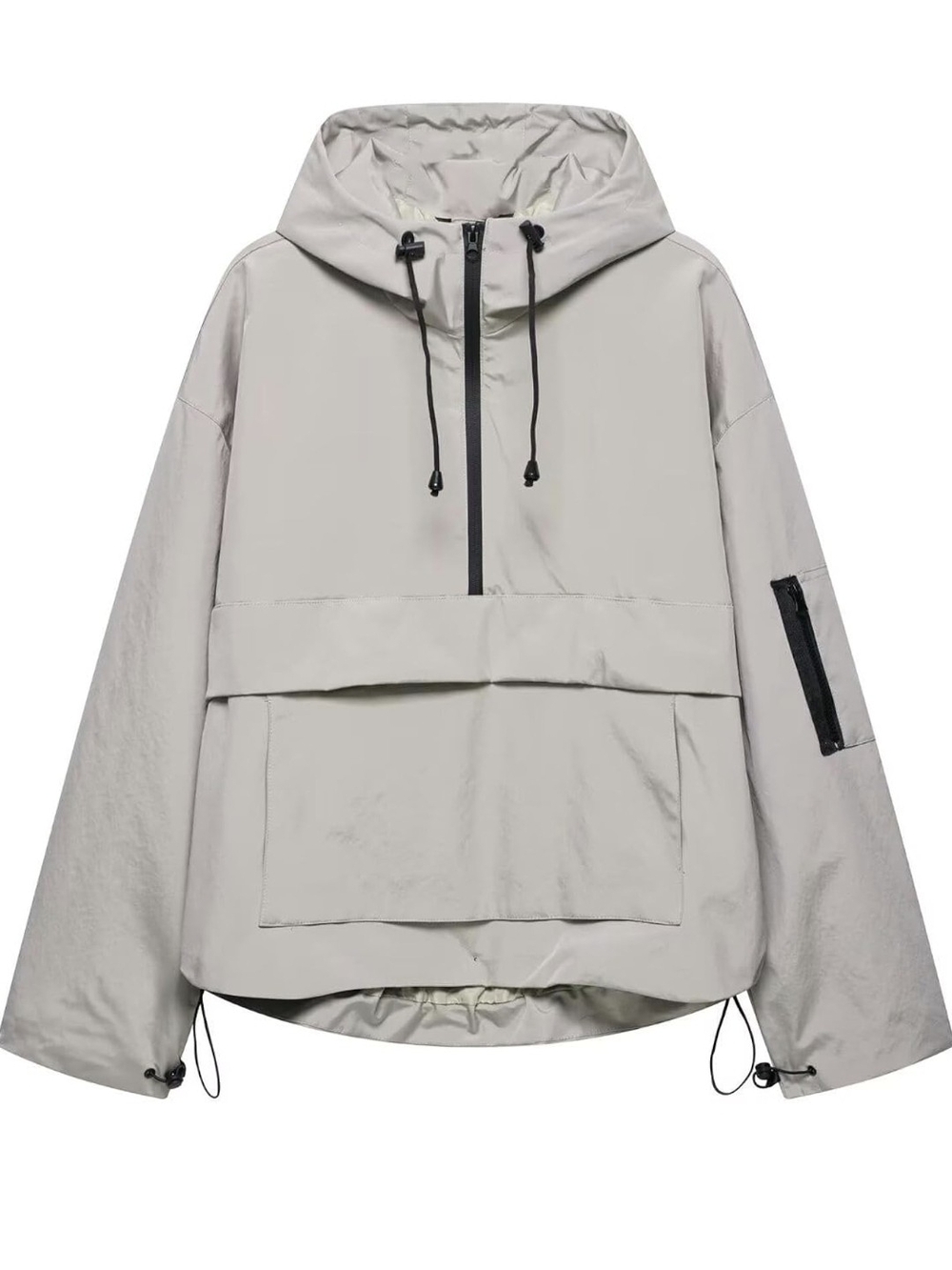 Light Gray Hooded Anorak Rain Jacket with Half-Zip